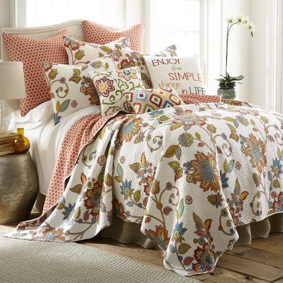 Levtex Home - Clementine Quilt Set - Twin Quilt + One Standard Pillow Sham - Floral - Orange , Yellow, Teal, Ivory - Quilt (68x86in.) and Pillow Shams (26x20in.) - Reversible - Cotton Fabric