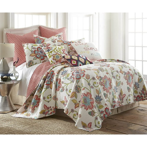 Levtex Home - Clementine Spring Quilt Set - Twin Quilt + One Standard Pillow Sham - Floral - Orange , Yellow, Teal, Ivory - Quilt (68x86in.) and Pillow Shams (26x20in.) - Reversible - Cotton Fabric