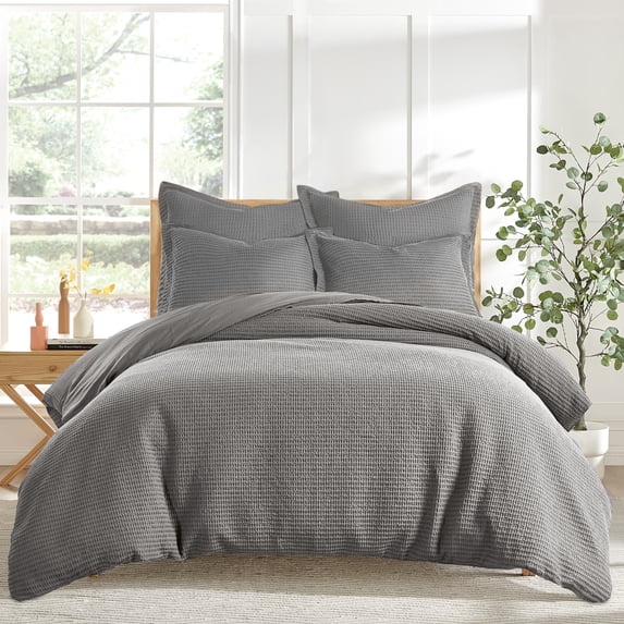 Levtex Home - Cloud Waffle Comforter Set - King Comforter + Two King Pillow Cases - Waffle Weave - Grey - Comforter (106 x 94in.) and Pillow Case (36 x 20in. ) - Cotton