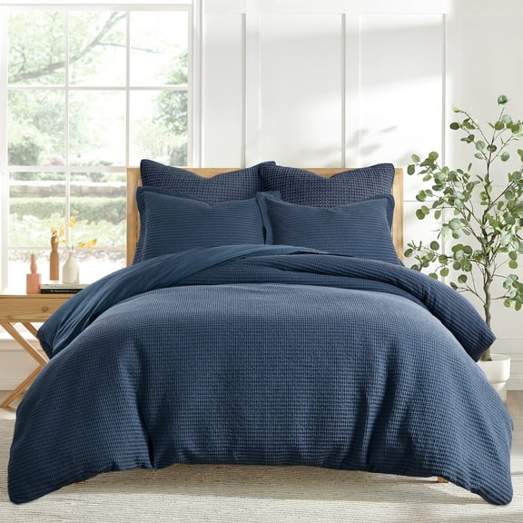 Levtex Home - Cloud Waffle Duvet Cover Set - Twin Duvet Cover + One Standard Pillow Case - Waffle Weave - Navy - Duvet Cover (68 x 88in.) and Pillow Case (26 x 20in.) - Cotton