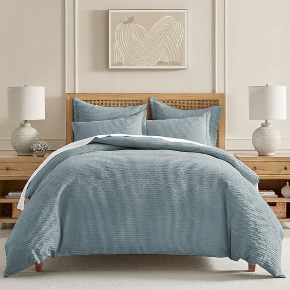 Levtex Home - Cloud Waffle Duvet Cover Set - Twin Duvet Cover + Two Standard Pillow Case - Waffle Weave - Chambray - Duvet Cover (68 x 88in.) and Pillow Case (26 x 20in.) - Cotton