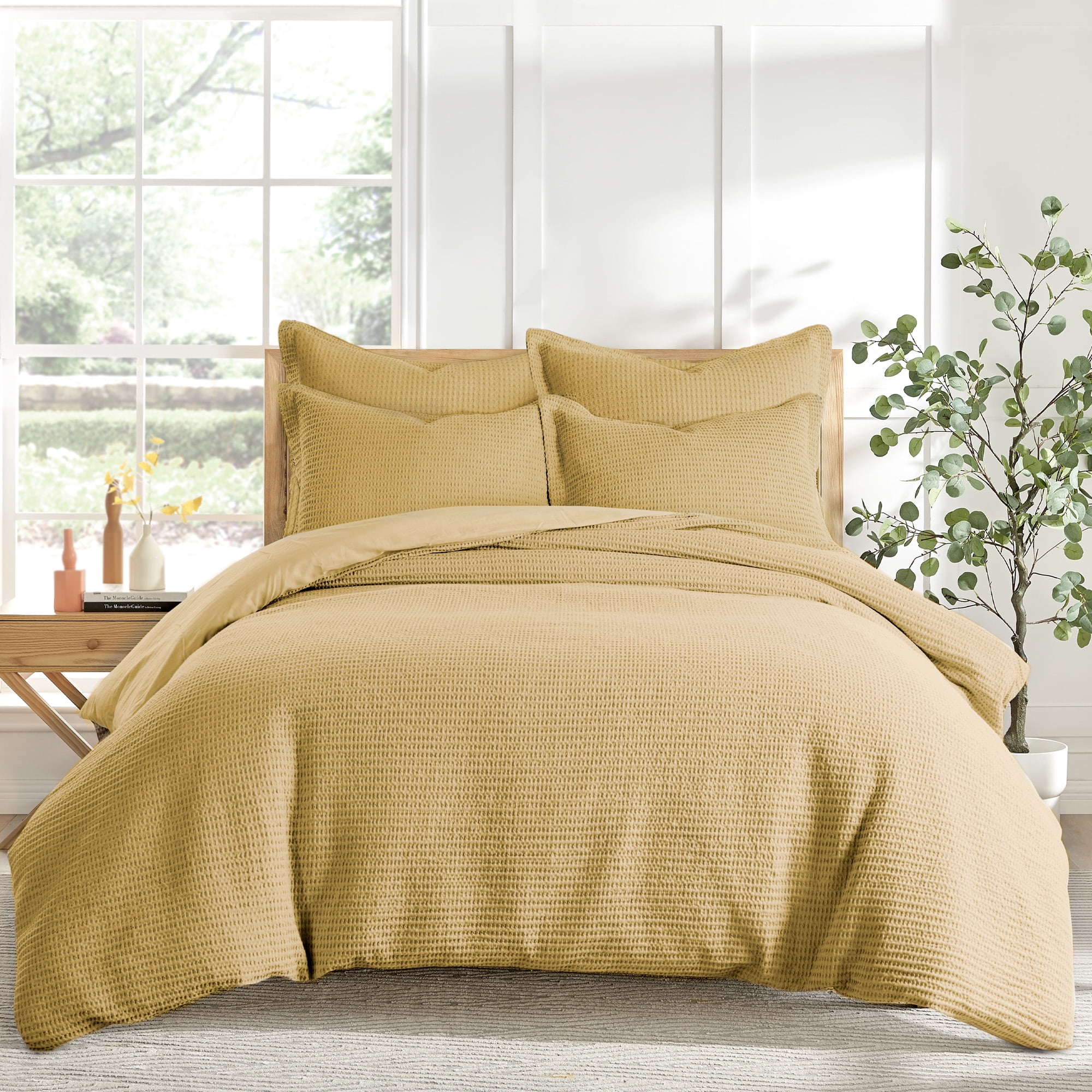 Ochre Twin Cotton Reversible Waffle Duvet Set