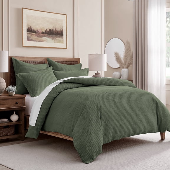 Levtex Home - Cloud Waffle Forest Green Comforter Set - King Comforter + Two King Pillow Cases - Waffle Weave - Forest Green - Comforter (106 x 94in.) and Pillow Case (36 x 20in. ) - Cotton