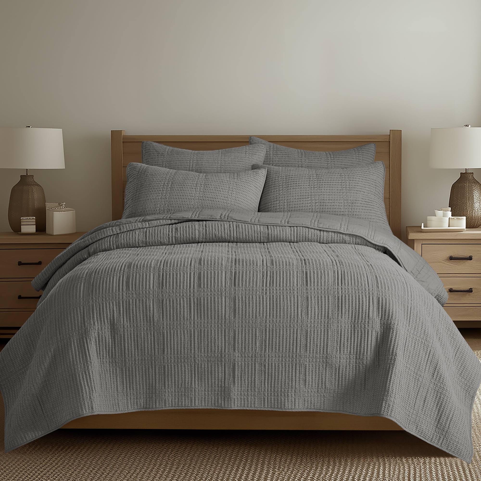 Levtex Home - Cloud Waffle Quilt Set - Full/Queen Quilt and Two Standard Shams - Waffle Textured - Grey - Quilt (88x92in.) and Shams (20x26in.) - Reversible - Cotton