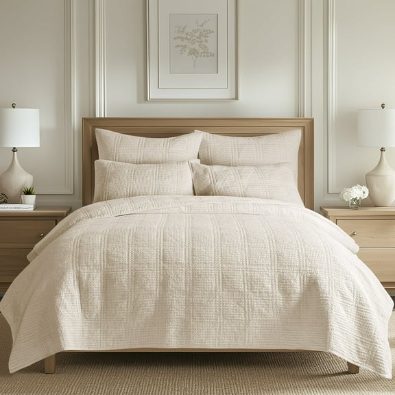 Levtex Home - Cloud Waffle Quilt Set - Full/Queen Quilt and Two Standard Shams - Waffle Textured - Undyed Cream - Quilt (88x92in.) and Shams (20x26in.) - Reversible - Cotton