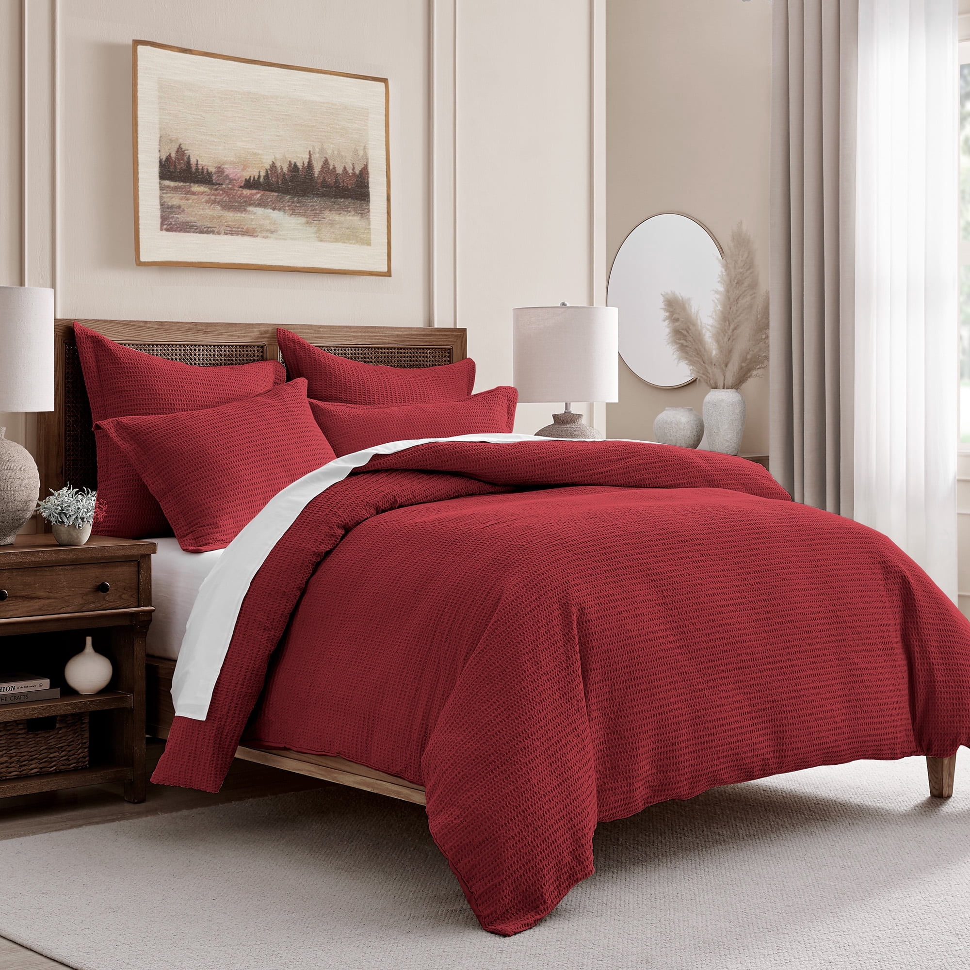 Levtex Home - Cloud Waffle Red Duvet Cover Set - King Duvet Cover + Two King Pillow Cases - Waffle Weave - Red - Duvet Cover (106 x 94in.) and Pillow Case (36 x 20in. ) - Cotton