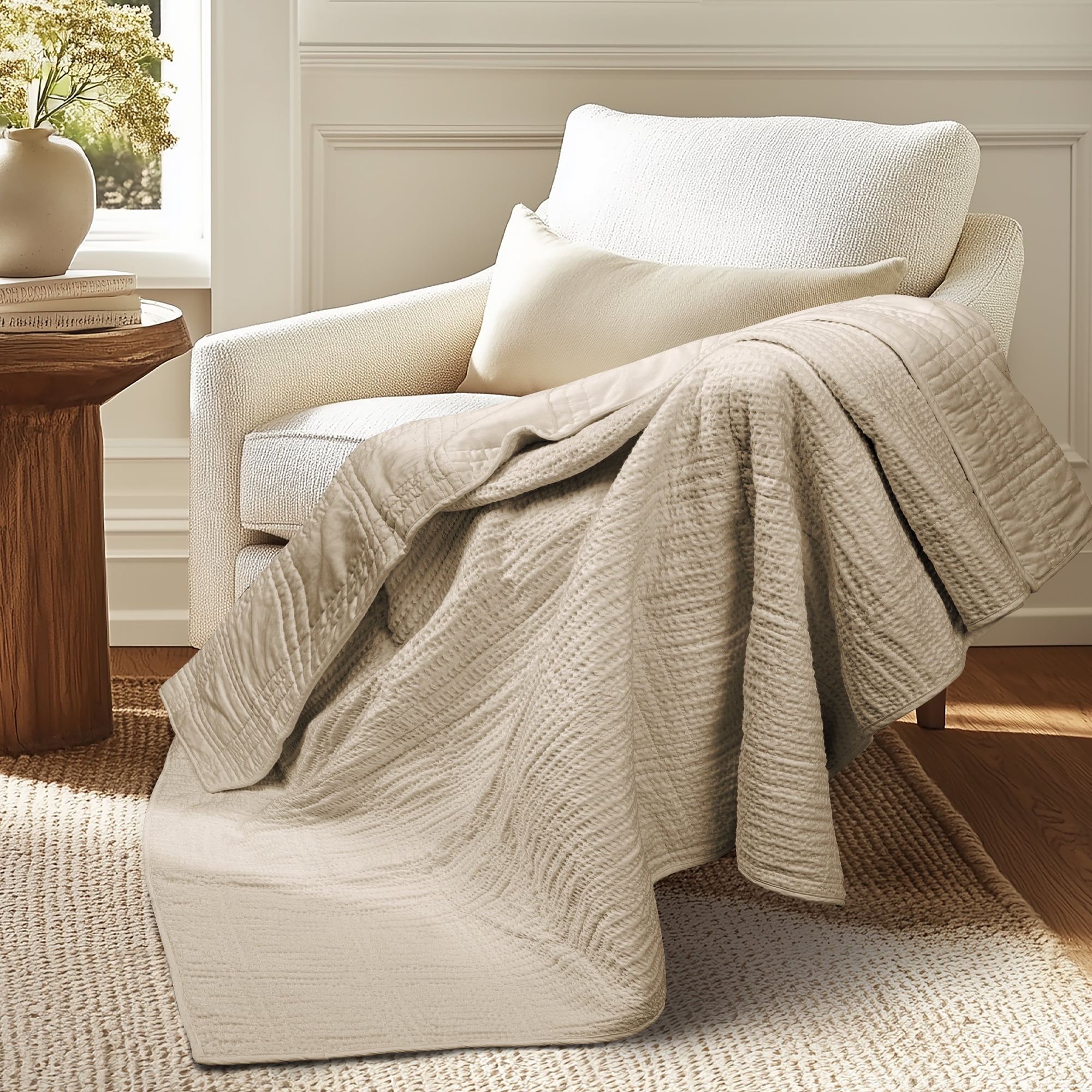 Taupe Cotton Waffle Weave Reversible Quilted Throw Blanket
