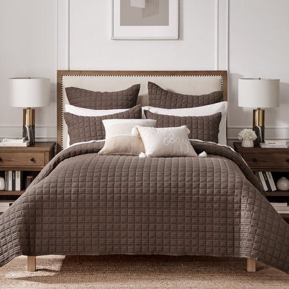 Levtex Home Cloud Waffle Twin XL / Twin Quilt Set (68x86in) with 1 Pillow Sham (26x20in) - Box Quilted Waffle Cotton Texture - Cocoa - Cotton Twin Size Quilt Bedding Set - Lightweight Soft Pre-Washed