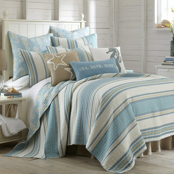 Levtex Home Coastal Light Blue Cream Tan Striped Cotton Quilt, King-Reversible 3 Counts