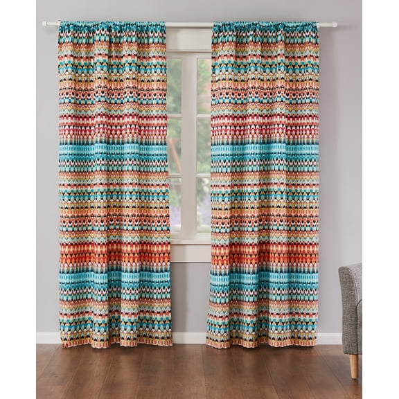 Levtex Home - Corona - Drape Panel/Curtain (55x84in.) with Rod Pocket (Set of 2) - Ikat Stripe - Teal Orange Black Yellow Red Green
