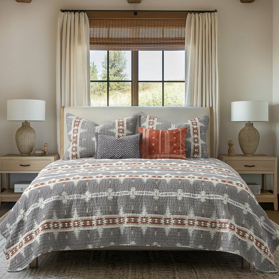 Levtex Home - Corrales Quilt Set - King Quilt and Two King Shams - Tribal - Grey, Burgundy, Cream and Taupe - Quilt (106x92in.) and Shams (20x36in.) - Reversible - Cotton