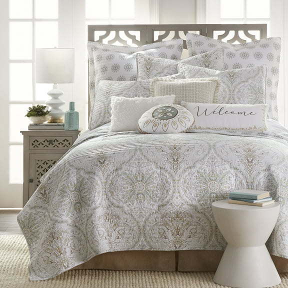 Levtex Home - Cosima Quilt Set - Full/Queen Quilt (88x92in.) + Two Standard Pillow Shams (20x26in.) - Medallion - Taupe, Green, Yellow and White - Reversible - Cotton Fabric
