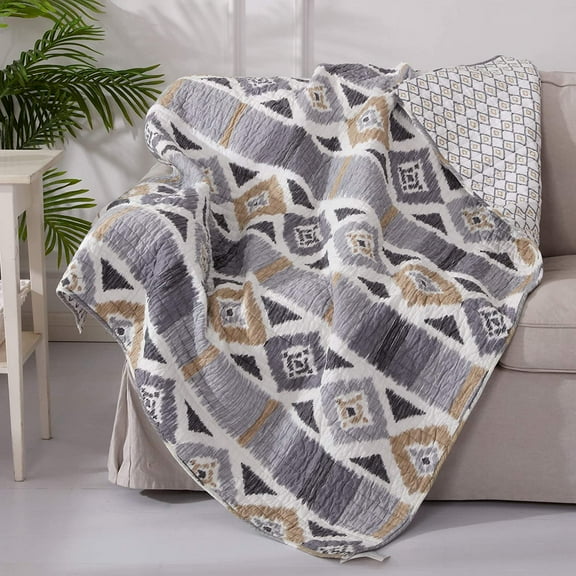 Levtex Home Cream Beige, Gray Ikat Cotton Throw, 60" x 50"