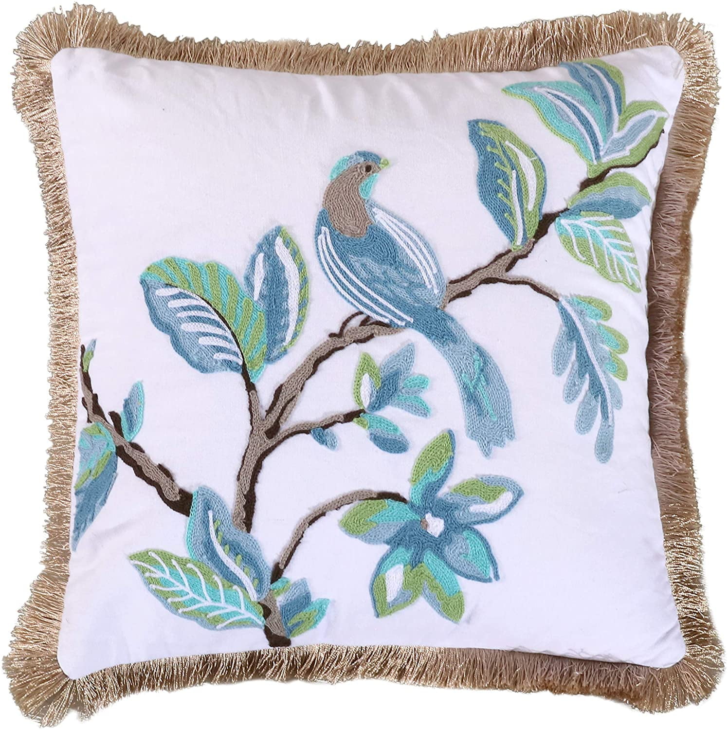 Ivory Embroidered Bird Frayed Edge Throw Pillow 18x18