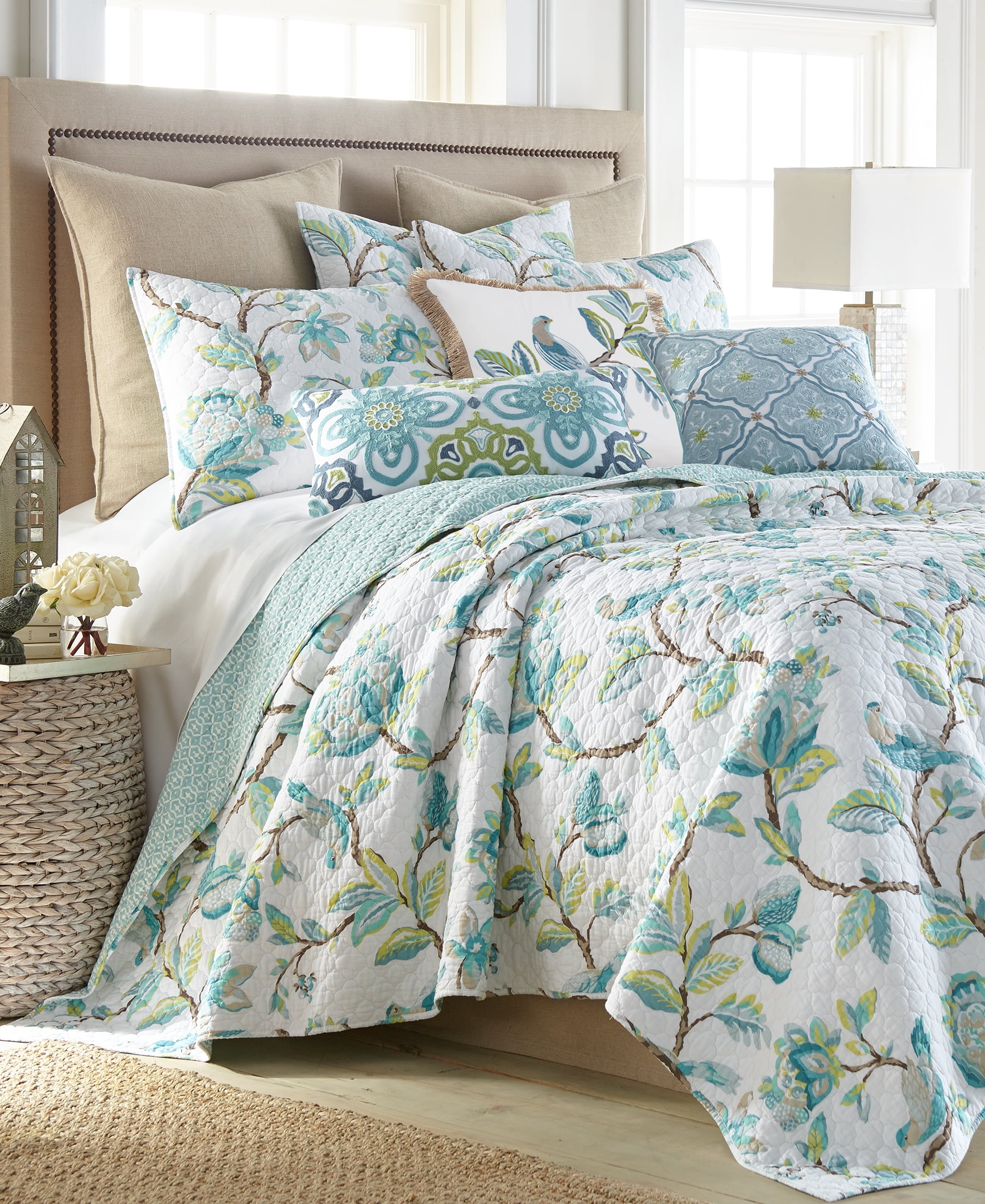 Levtex Home - Cressida Quilt Set - Queen Quilt + Two Standard Pillow Shams - Teal Blue Cream Taupe Brown - Quilt (88x92in.) and Pillow Shams (26x20in.) - Reversible - Cotton Fabric