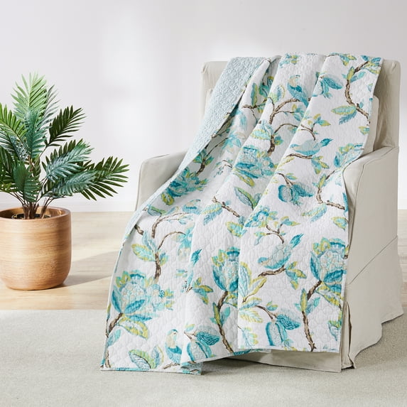 Levtex Home - Cressida - Quilted Throw - 50x60in. - Teal Blue Cream Taupe Brown - Reversible Pattern - Cotton Fabric