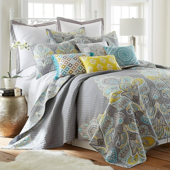 Levtex Home - Cressley Quilt Set - Twin Quilt + One Standard Pillow Sham - Paisley - Grey, Charcoal, Teal, Citron and White - Quilt Size (68x86in.) and Pillow Sham Size (26x20in.) - Cotton Fabric