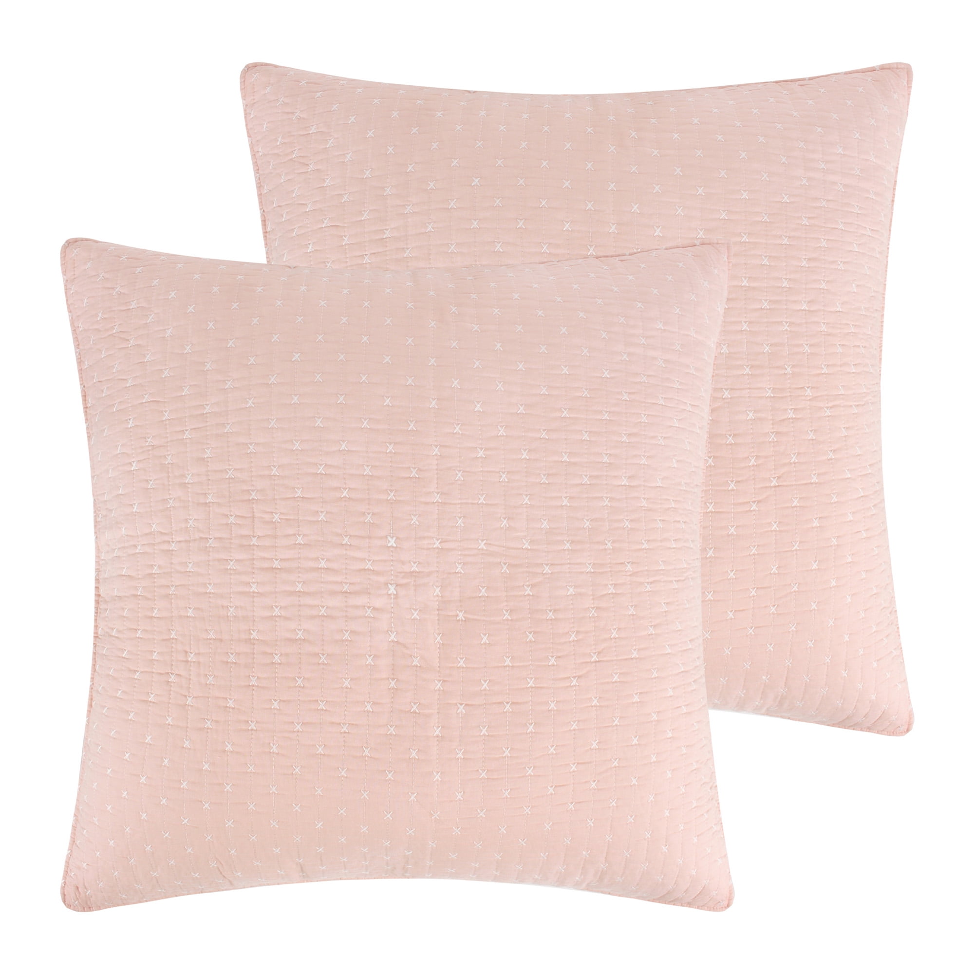 Blush Cotton Euro Shams with White Cross Stitching, Set of 2