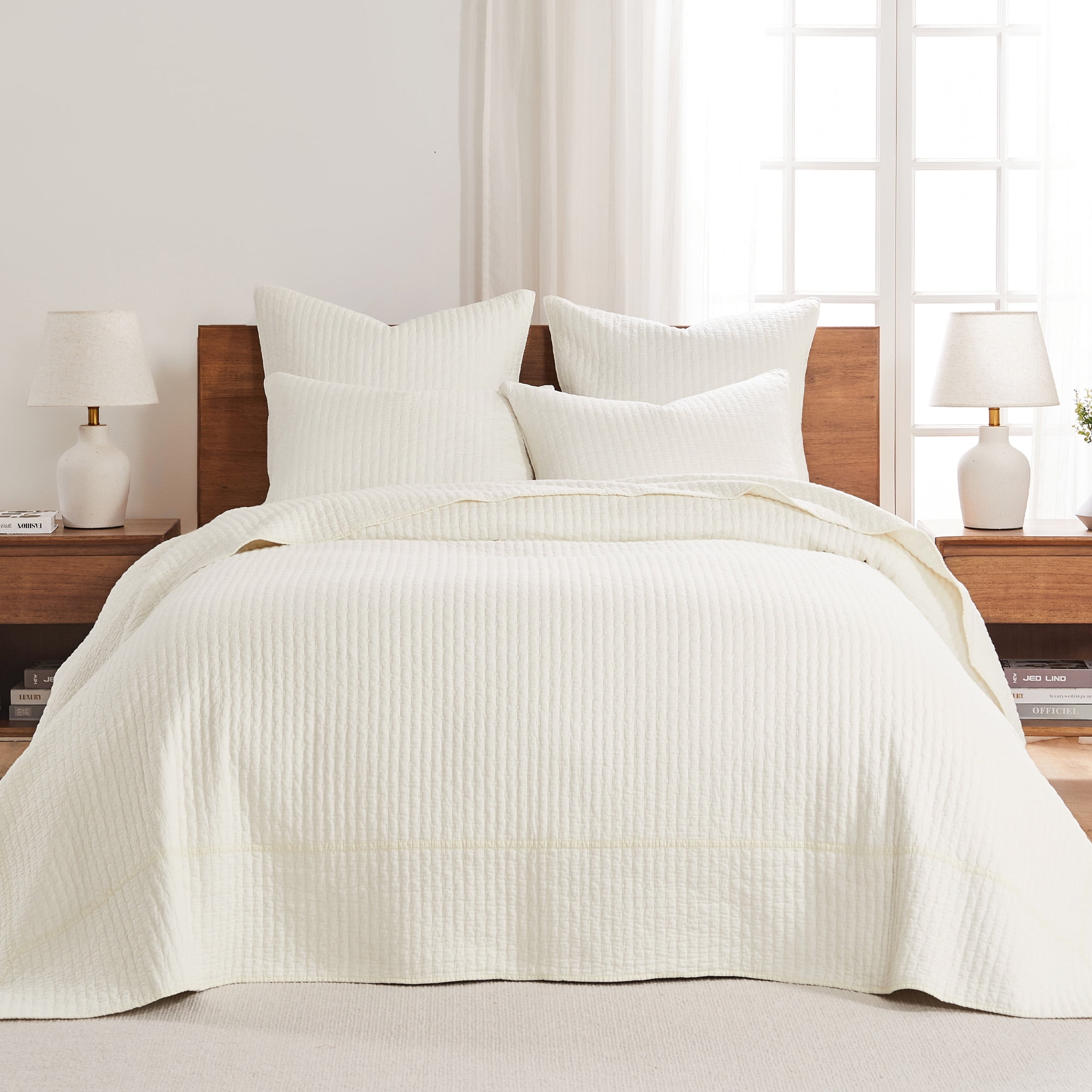 Cream Cotton Reversible Twin Bedspread Set