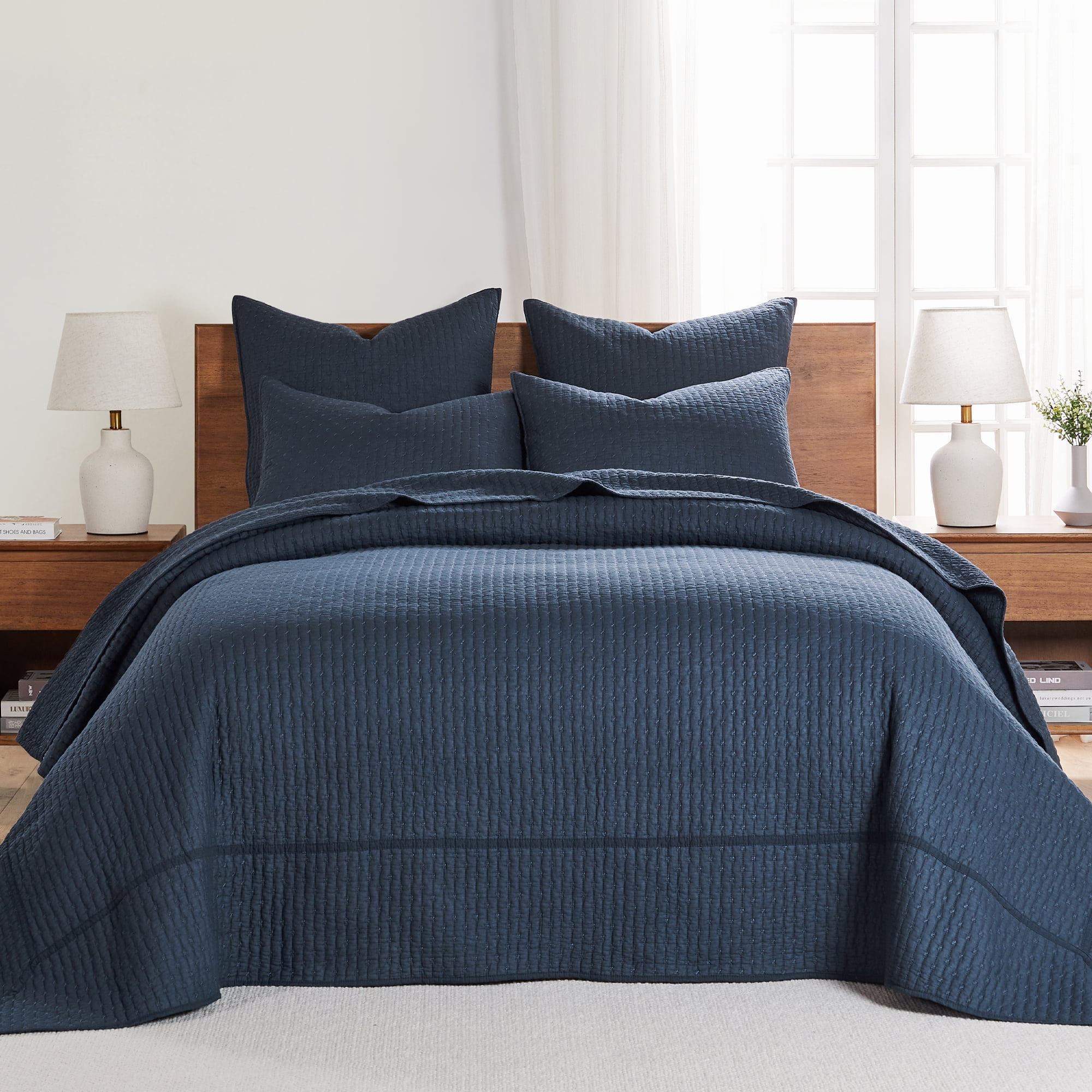 Navy Cotton Twin Reversible Cross Stitch Bedspread Set