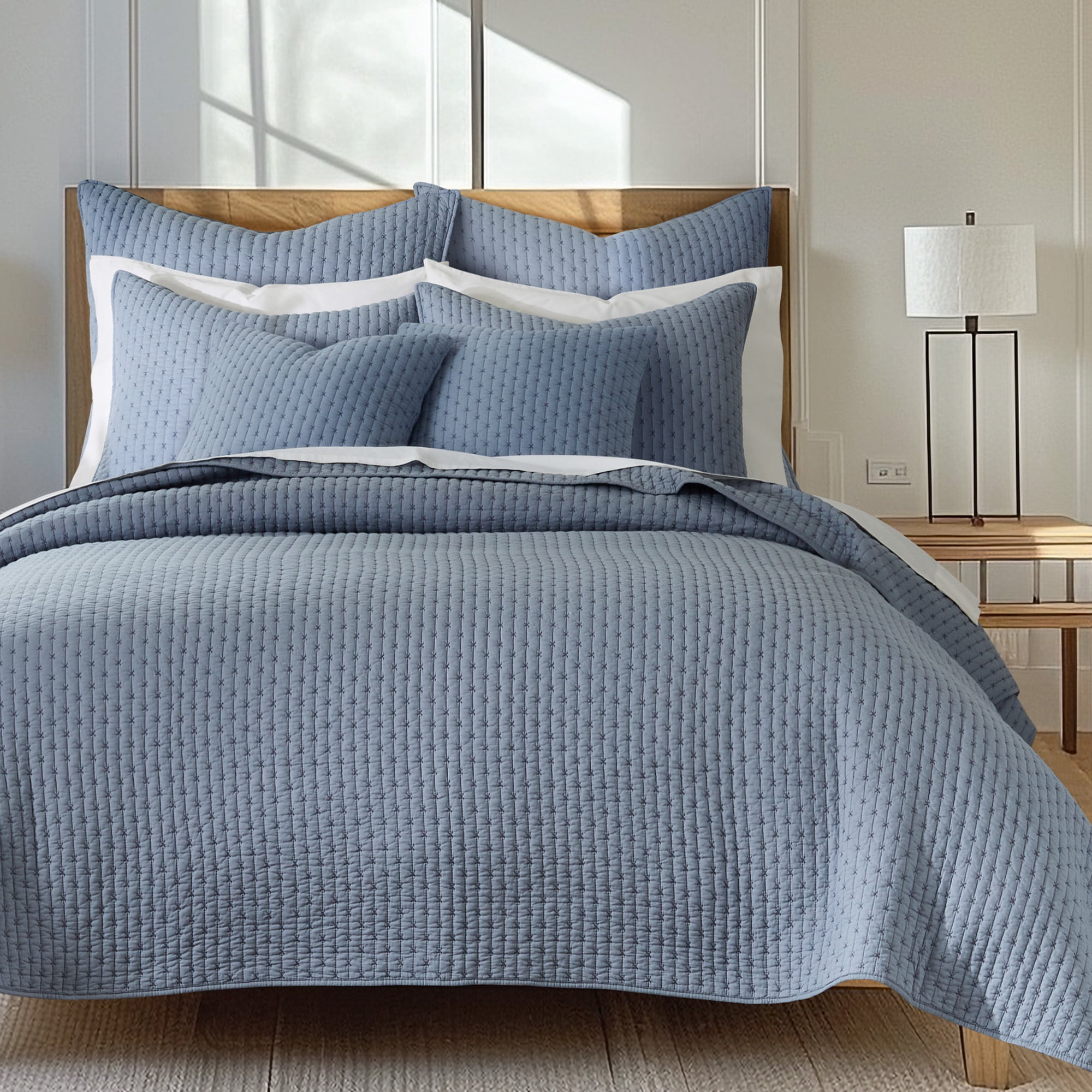 Chambray Blue Cotton Twin Reversible Quilt Set