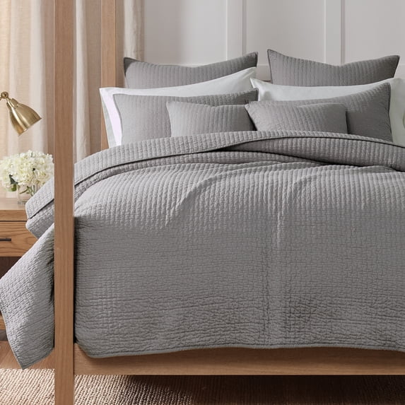 Levtex Home - Cross Stitch Quilt Set - 100% Cotton - Full/Queen Quilt (88x92in.) + 2 Standard Shams (26x20in.) - Light Grey
