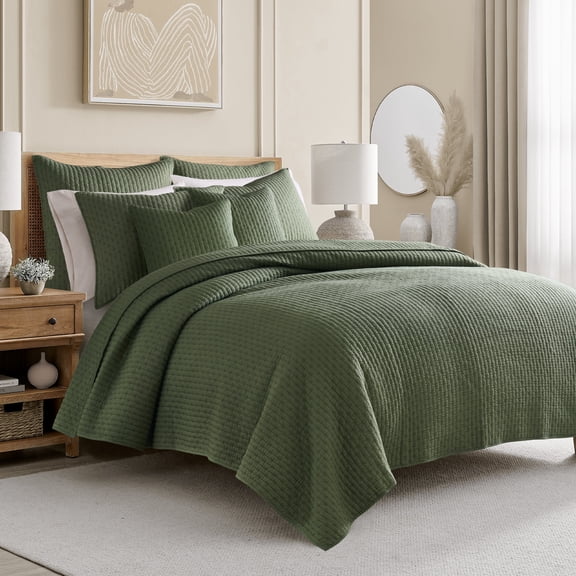 Levtex Home - Cross Stitch Forest Green Quilt Set - 100% Cotton - King/Cal King Quilt (106x92in.) + 2 King Shams (36x20in.) - Reversible - Cotton Fabric