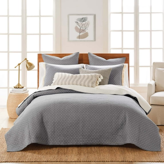 Levtex Home - Cross Stitch Grey with White Contrast Quilt Set - 100% Cotton - Full/Queen Quilt (88x92in.) + 2 Standard Shams (26x20in.) - Reversible - Cotton Fabric