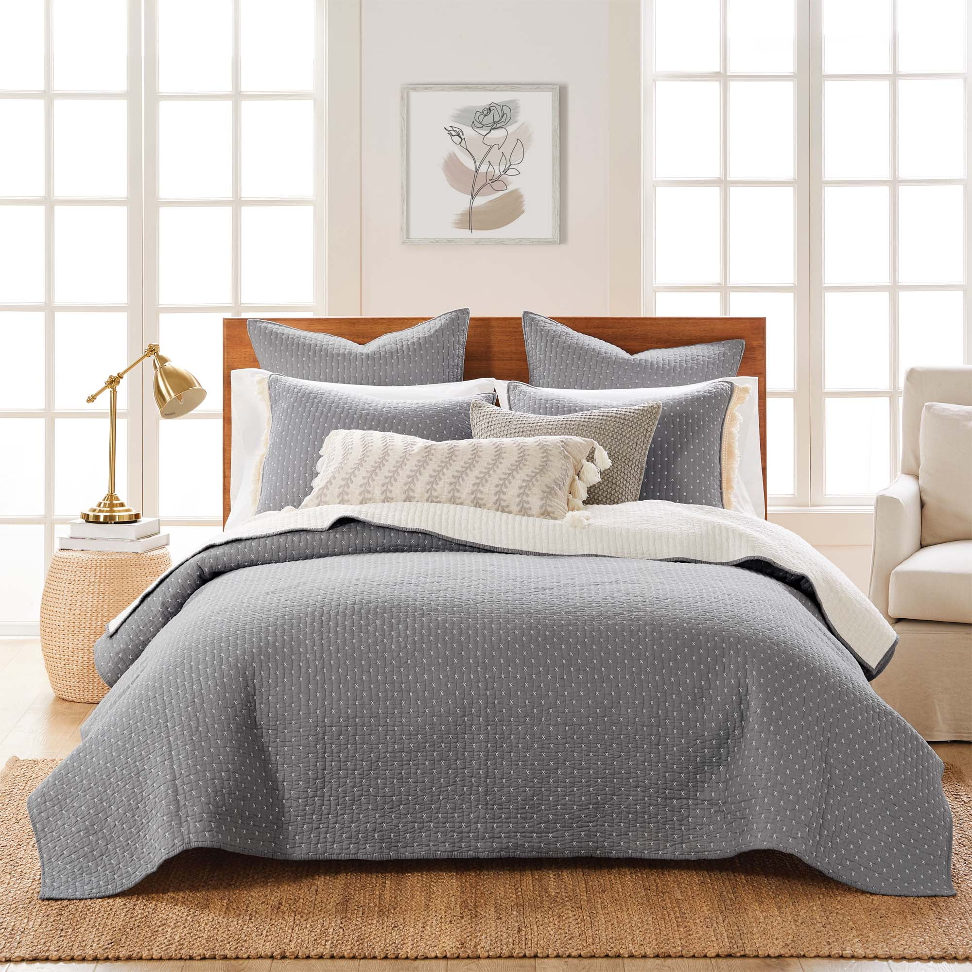 Grey and Cream Cotton Twin Reversible Quilt Set