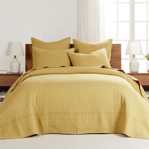 Levtex Home - Cross Stitch Ochre Bedspread Set - Full Bedspread and Two Standard Shams - Cross Stitch Pattern - Bedspread (100x104in.) and Sham (20x26in.) - Cotton
