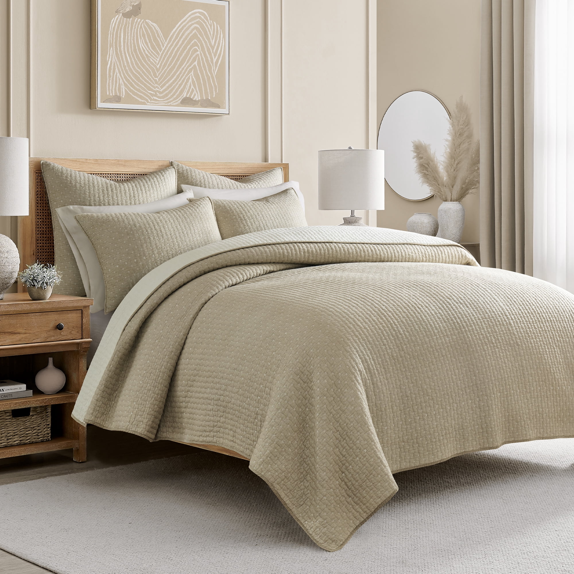 Levtex Home - Cross Stitch Quilt Set - 100% Cotton - King Quilt (106x92in.) + 2 King Shams (36x20in.) - Taupe