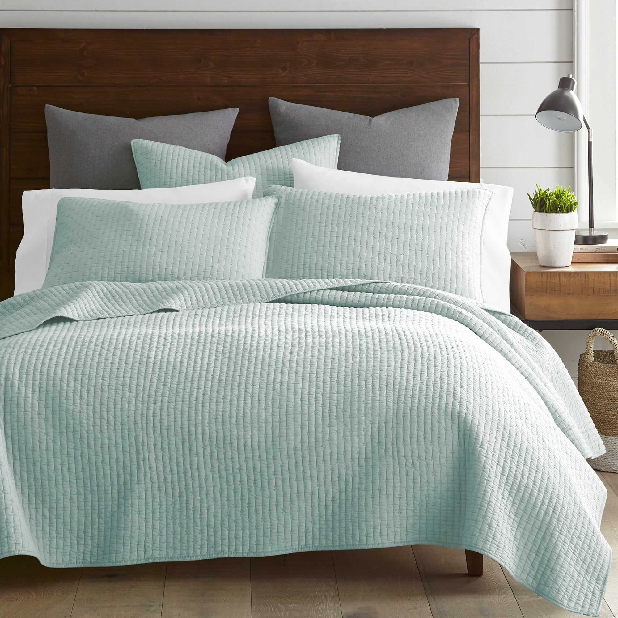 Spa Blue Cotton Twin Reversible Quilt Set
