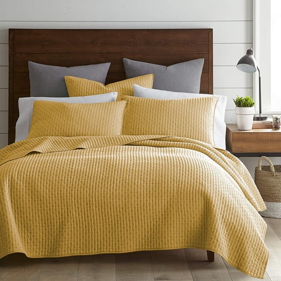 Levtex Home Cross Stitch Yellow Cotton Quilt Set, King - Reversible