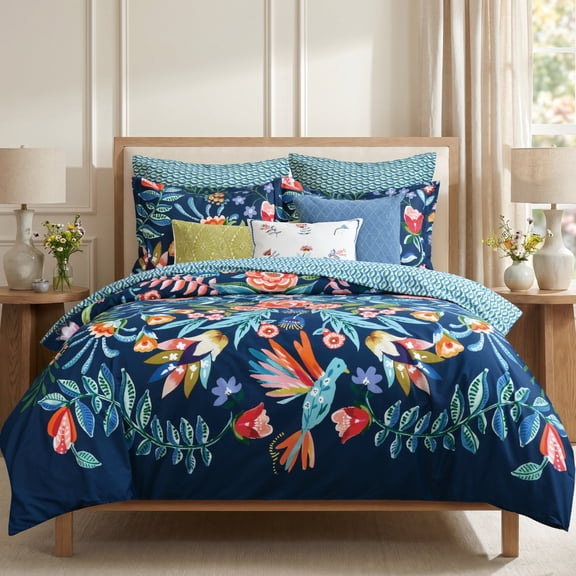 Levtex Home - Danika Navy Comforter Set - Twin Comforter (68x88in) and One Standard Sham (20x26in) - Floral and Bird Botanical Design - Navy - Reversible - Cotton
