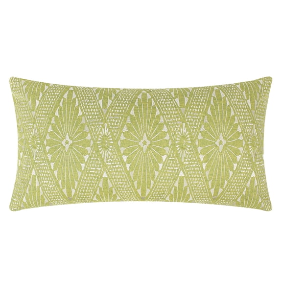 Levtex Home - Danika Vintage Brocade Decorative Pillow (12 x 24in) - Green Ground with Ivory - Embroidered Medallion - Feather Filled