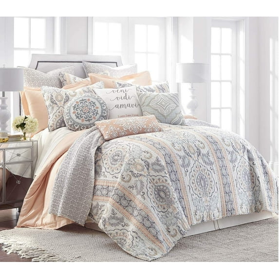 Levtex Home - Darcy Quilt Set - King Quilt + Two King Pillow Shams - Paisley - Grey, Pink, Blue, and White - Quilt Size (106x92in.) and Pillow Sham Size (36x20in. ) - Reversible - Cotton Fabric
