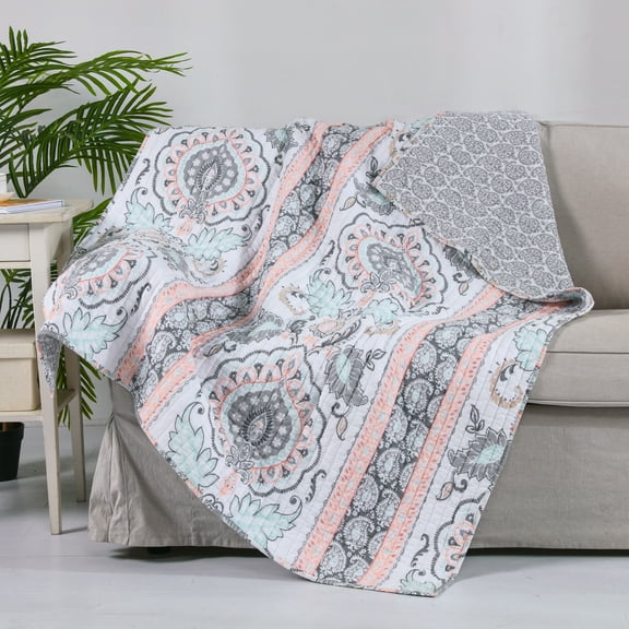 Levtex Home - Darcy Quilted Throw (50x60 in.)- Paisley - Grey, Pink, Blue, and White - Reversible - Cotton Fabric