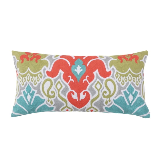 Levtex Home - Deniza - Decorative Pillow (12 x 24in.) - Embroidered Paisley - Red, Green, Teal, Grey, and White