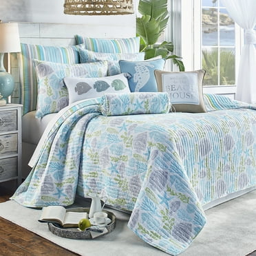 Levtex Home - Deva Beach Quilt Set - Full/Queen Quilt + Two Standard Pillow Shams - Coastal - Teal, Grey, Green and White - Quilt Size (88x92in.) and Pillow Sham Size (26x20in.) - Reversible - Cotton