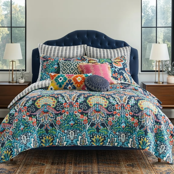 Levtex Home - Diella Quilt Set - King Quilt and Two King Shams - Floral Medallion - Navy Yellow Green Blue Red - Quilt (106x92in.) and Shams (20x36in.) - Reversible - Cotton