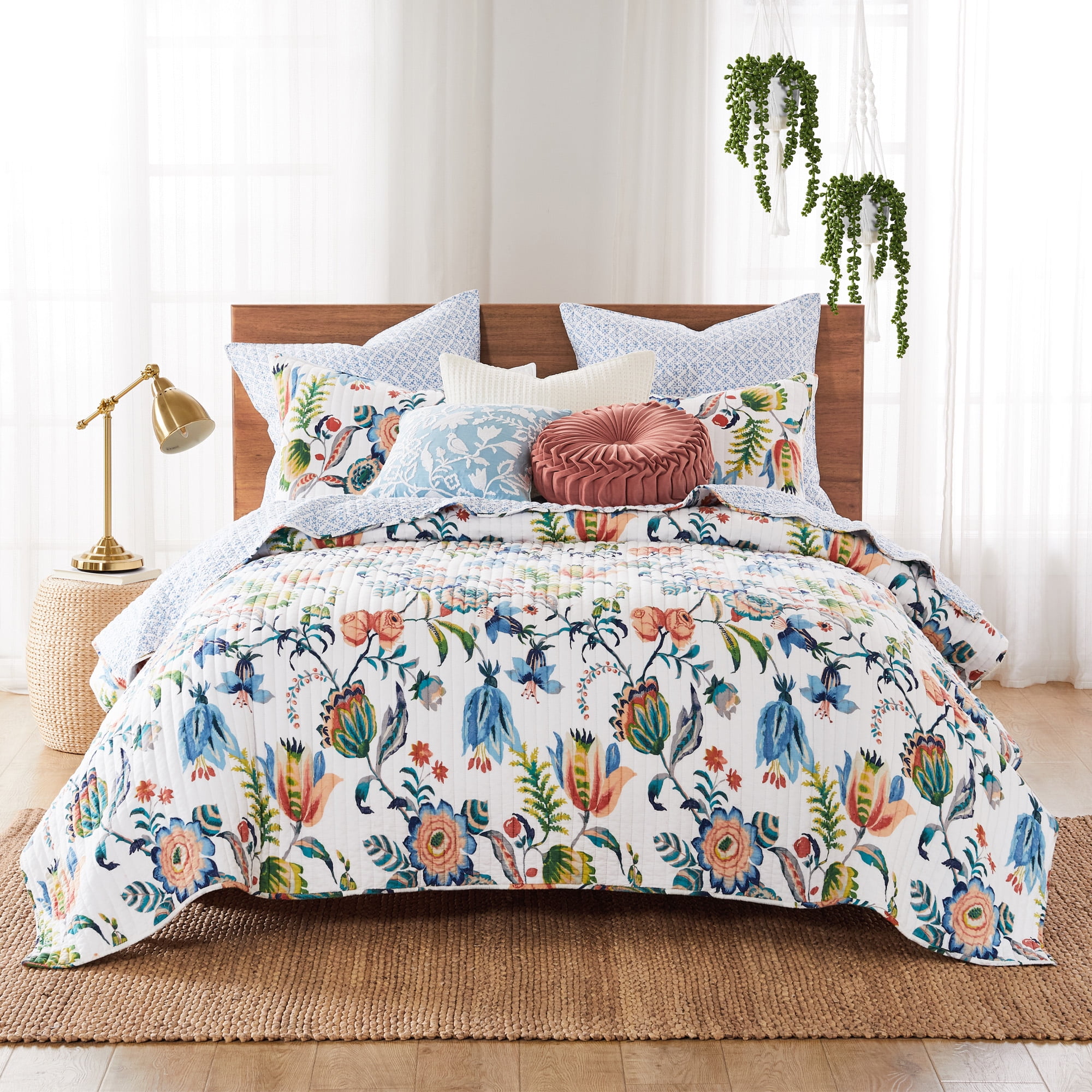 Levtex Home - Eleni Quilt Set - Full/Queen Quilt and Two Standard Shams - Floral - Blue, Navy, Coral, Green, White - Quilt (88x92in.) and Shams (20x26in.) - Reversible - Cotton