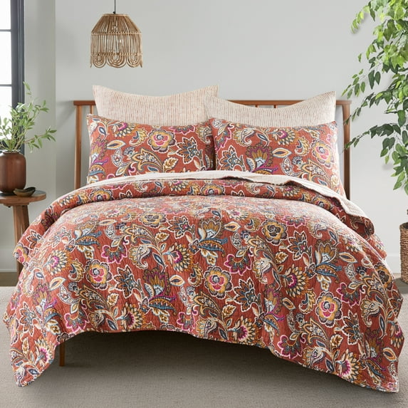 Levtex Home - Elizabeta Quilt Set - King Quilt and Two King Shams - Floral - Ochre, Blue, Fuschia, Brown, Cream, Burnt Sienna - Quilt (106x92in.) and Shams (20x36in.) - Reversible - Cotton
