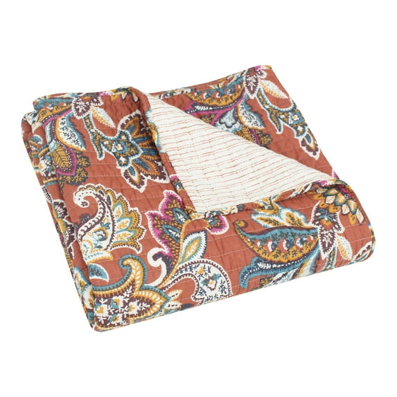 Levtex Home - Elizabeta - Throw - Floral - Ochre, Blue, Fuschia, Brown, Cream, Burnt Sienna - Quilt (50x60in.) and Sham 50x60in. - Cotton