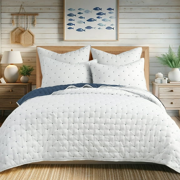 Levtex Home - Embroidered Swiss Dot Quilt Set - Twin Quilt and One Standard Sham - Dot - Navy and White - Quilt (68x86in.) and Sham (20x26in.) - Reversible - Polyester