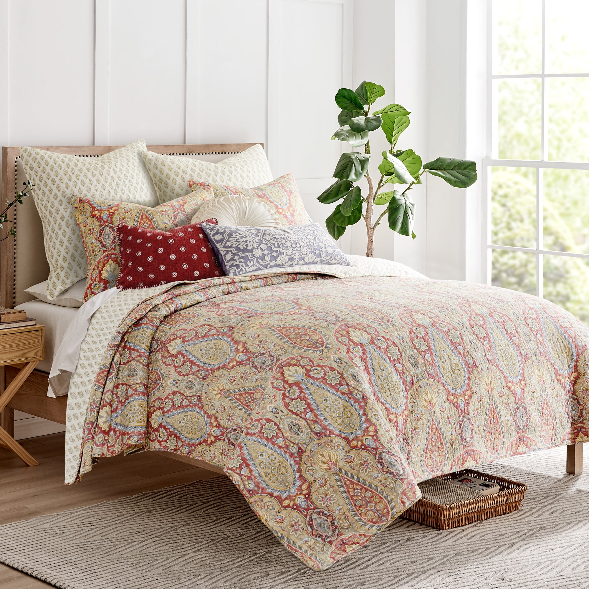 Gray and Ochre Cotton Reversible King Quilt Set