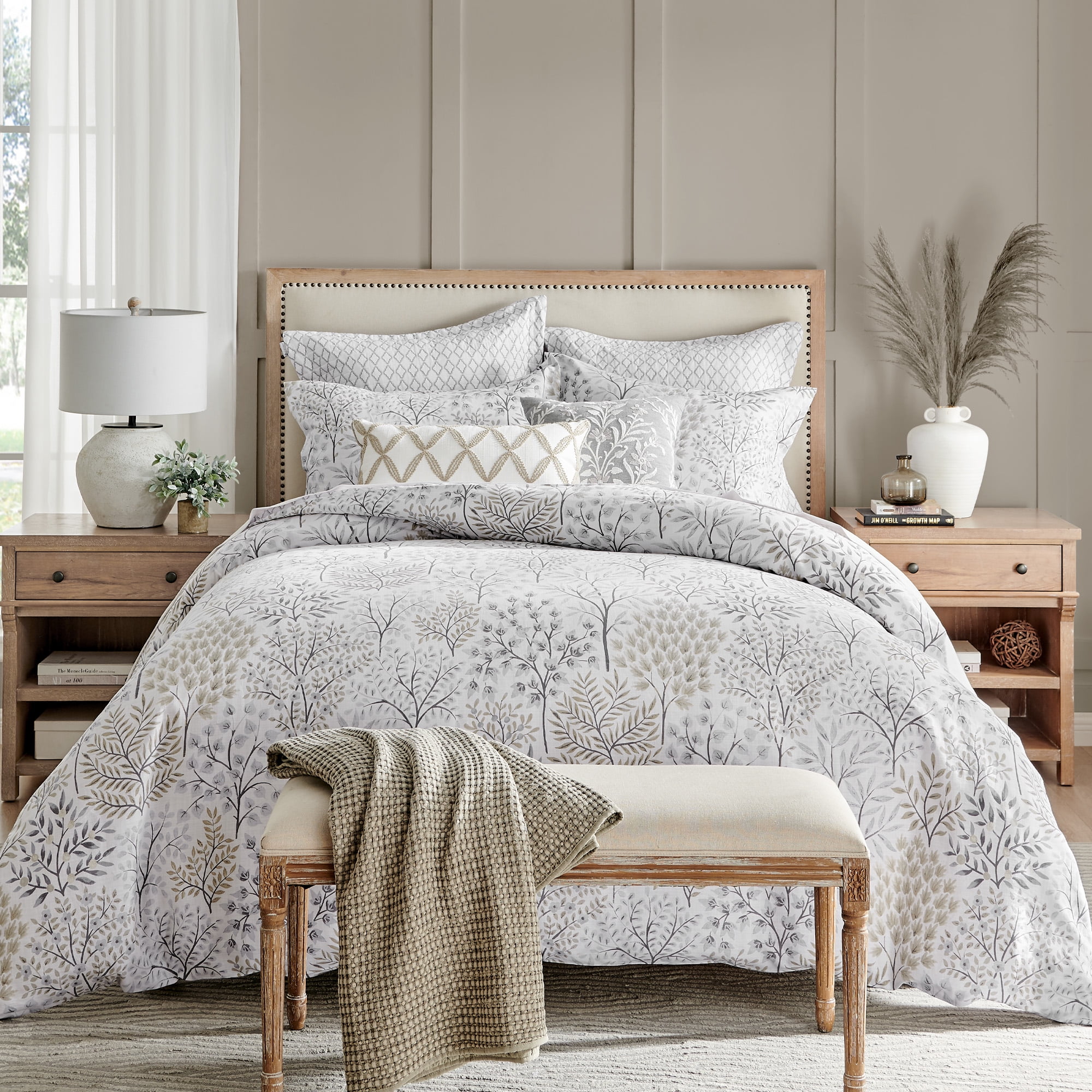 Twin Off-White Cotton Botanical Duvet Cover Set