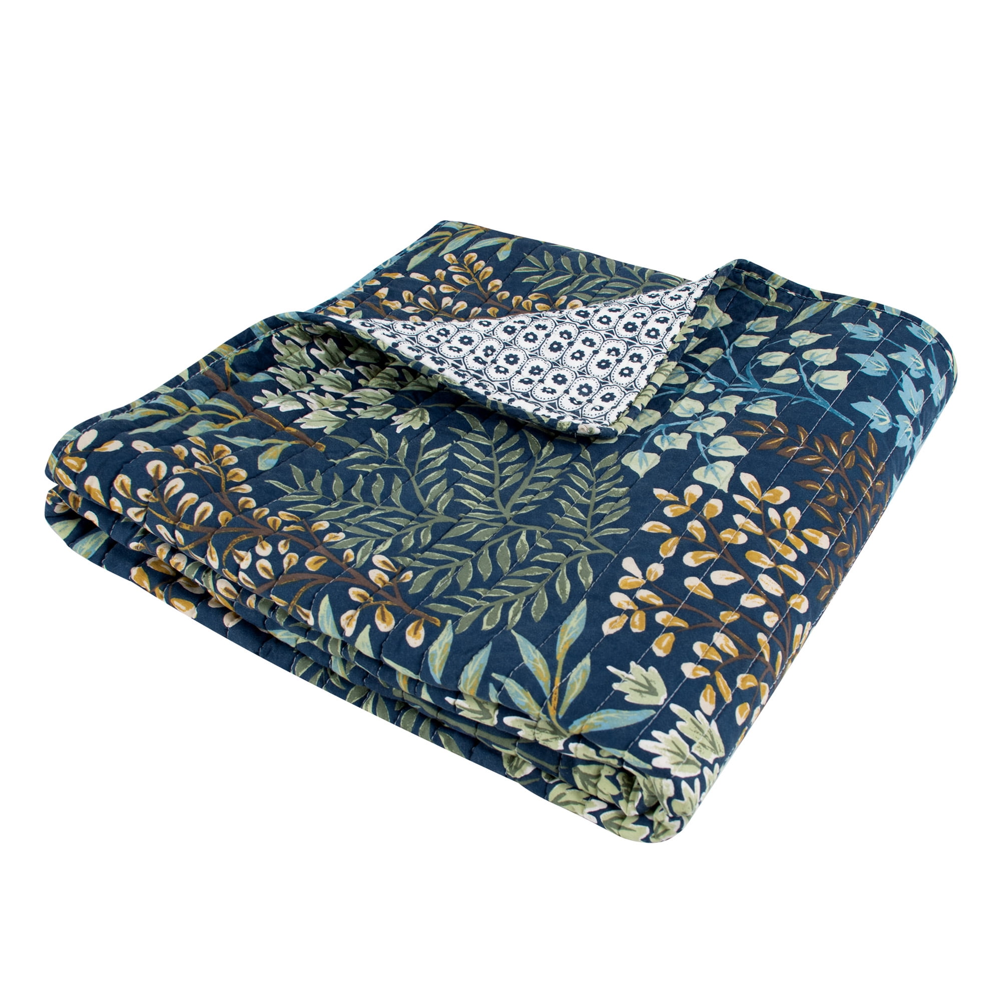 English Forest Navy and Cream Botanical Quilted Throw