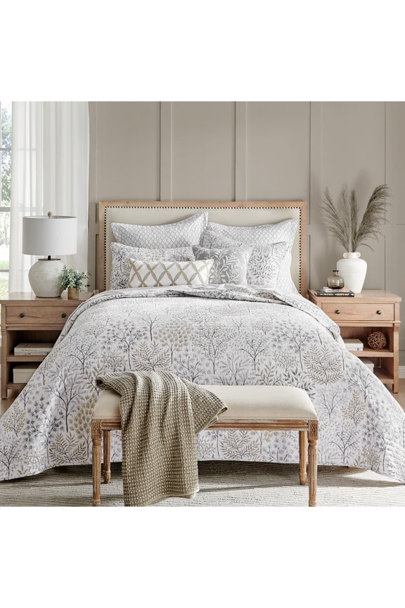 - English Forest Quilt Set - King Quilt (106x92in.) and Two King Shams (20x36in.) - Leaves - Grey, Green, Charcoal, Off-White - Reversible - Cotton