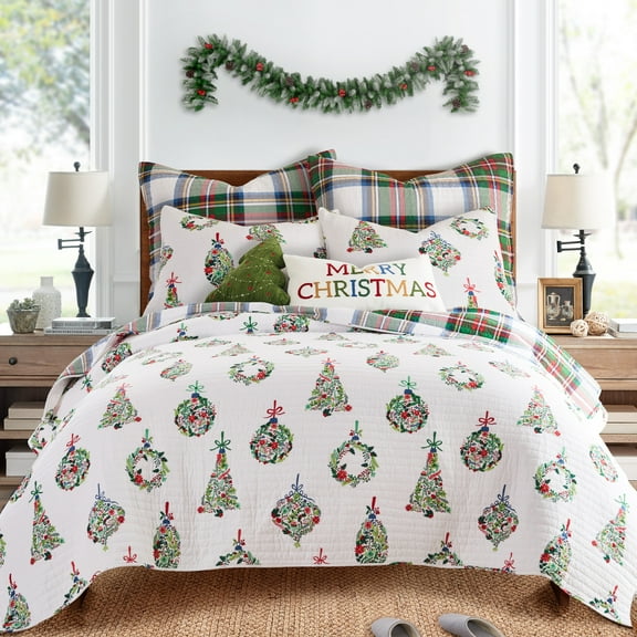 Levtex Home - Festive Baubles Quilt Set - King Quilt and Two King Shams - Chirstmas - White, Green, Red - Quilt (106x92in.) and Shams (20x36in.) - Reversible - Cotton