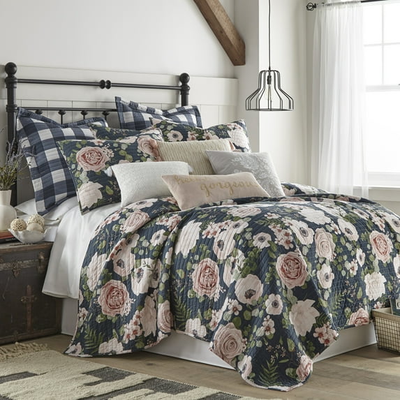 Levtex Home - Fiori Quilt Set - Twin Quilt (68x86in.) + One Standard Pillow Sham (26x20in.) - Floral - Charcoal, Coral, Pink, Green, Cream - Reversible - Cotton Fabric
